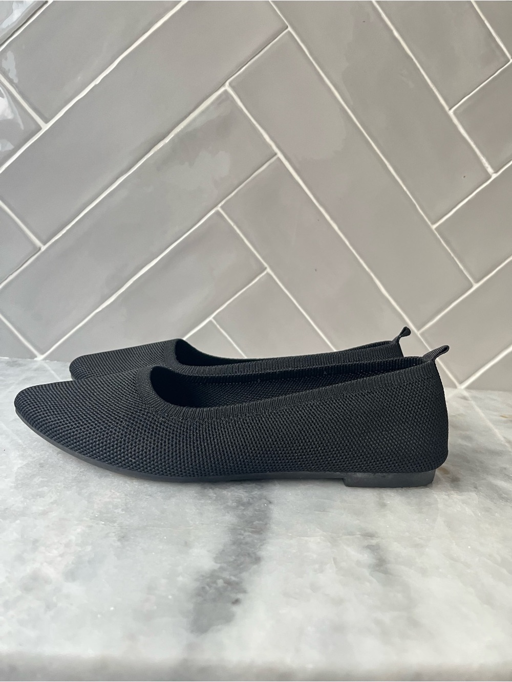 French Connection Black Knit Pointed-Toe Ballet Flats